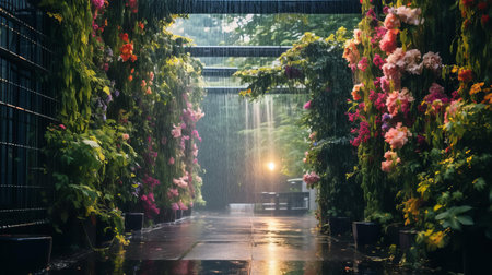 the junction of fresh green showers bursts with vibrant life, harmoniously blending with blooming showers, colorful showers, and delicate white showers, creating a breathtakingly beautiful scene that's a testament to the wonders of nature, expertly captured through professional photography on unsplash. ai generatedの素材