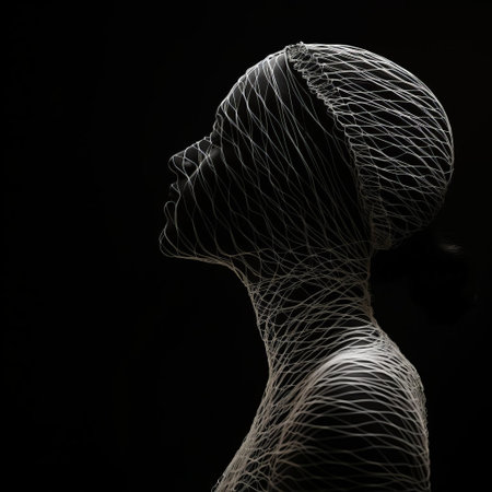 this striking surrealist art silhouette profile, crafted in the style of intricate string art, masterfully juxtaposes junctions of light and shadow, creating a mesmerizing composition that starkly contrasts pure white and black, evoking a sense of mystery and depth. ai generatedの素材