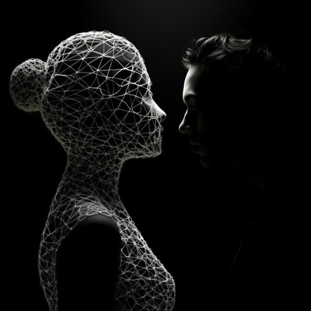 a romantic silhouette profile emerges from a mesmerizing string art composition, where delicate threads weave together to create a stunning junction of light and shadow, set against a dramatic pure white and black background, evoking a sense of mystery and elegance. ai generatedの素材