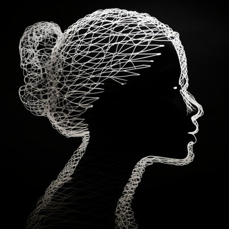woman's silhouette profile, crafted in the style of string art, emerges from the junction of light and shadow, set against a pure white and black background, evoking the essence of post-impressionism, with intricate details and textures that invite contemplation and introspection. ai generatedの素材