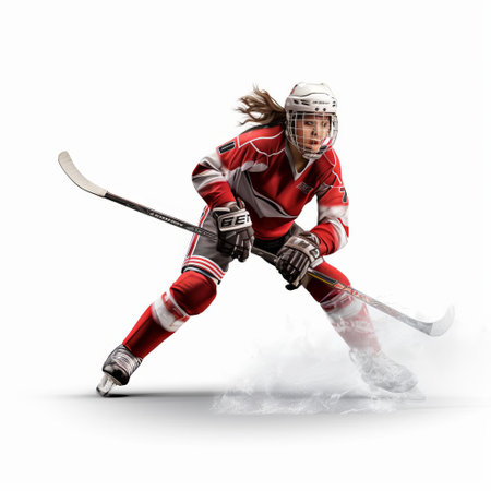the female hockey player, dressed in full gear, stands confidently on a white isolated background, her stick held firmly in her gloved hand, showcasing her athletic physique and intense focus, perfect for sports, fitness, and winter olympics-themed designs. ai generatedの素材