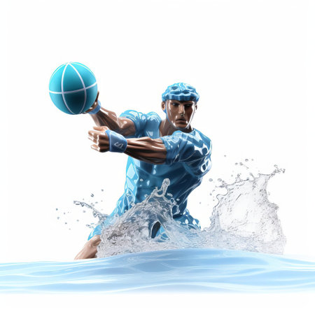 the male water polo player, captured in stunning 3d, stands proudly in a powerful pose, showcasing his athletic physique, wearing a sleek swimsuit and cap, against a crisp white isolated background, highlighting his intense focus and competitive spirit in this high-quality, detailed illustration. ai generatedの素材