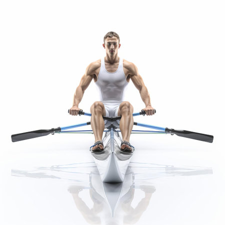 the athlete is intensely rowing, his muscles rippling with each stroke, in this high-quality 3d illustration of a male rower in action, set against a crisp white isolated background, perfect for fitness, sports, and wellness-themed designs and projects. ai generatedの素材
