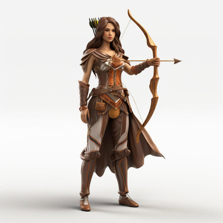 the archer, a strong and focused female figure, stands confidently in a powerful stance, drawing back her bowstring, ready to release the arrow, set against a crisp white isolated background, highlighting her dynamic pose and intense concentration in this stunning 3d illustration of a sporty woman in action. ai generatedの素材