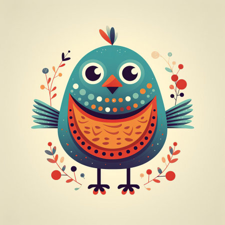 the funky bird, illustrated in a simple yet striking vector style reminiscent of ilya mogilevchik's signature aesthetic, pops against a clean background with its bold, 6-color palette, evoking a retro vibe that's equal parts nostalgic and modern, perfect for adding a touch of vintage flair to any design. ai generatedの素材