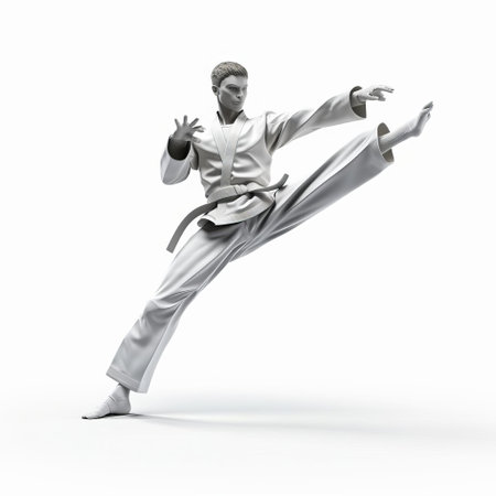 the athlete, a male taekwondo practitioner, stands confidently in a powerful stance, wearing a crisp white uniform and belt, against a clean white isolated background, showcasing his toned physique and martial arts skills, highlighting the discipline and focus required in this korean combat sport. ai generatedの素材