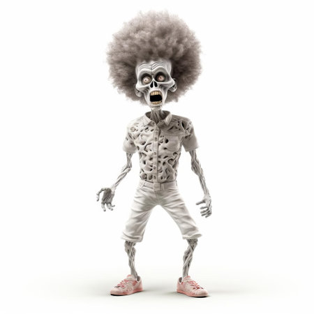the 3d zombie, sporting a stylish afro hairstyle, stands out against a pristine white isolated background, showcasing its gruesome yet fascinating full-body details, perfect for horror or halloween-themed designs, graphics, and digital art projects. ai generatedの素材