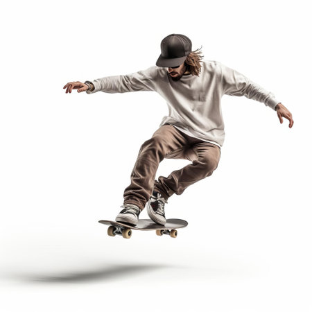 skateboarder in action, a male figure performs a thrilling trick on his board, captured in stunning 3d illustration, set against a crisp white isolated background, highlighting the dynamic movement and energy of the sport, perfect for extreme sports enthusiasts and fans of urban culture. ai generatedの素材