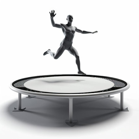 the athlete in mid-air, suspended above the trampoline, captures the thrill of dynamic movement, his full body stretched out in an energetic pose, set against a crisp white isolated background, perfect for fitness, sports, and active lifestyle designs. ai generatedの素材