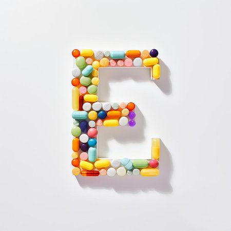 the letter e, crafted with whimsical pills, stands out against a pristine white background, showcasing intricate details of each pill's unique shape and vibrant color, creating a visually striking and playful typographic design that pops with personality. ai generatedの素材