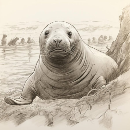 elephant seal, majestically rendered in a rough pencil sketch, its rugged features accentuated by scribbles and loose lines, capturing the essence of this marine mammal's powerful build and gentle gaze, evoking a sense of wildness and freedom in a delicate, hand-drawn portrait. ai generatedの素材