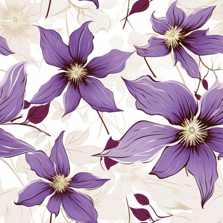 "clematis flowers, a vibrant and colorful bunch, are beautifully showcased against a solid white background, with no distracting shadows, highlighting their delicate petals and varied hues, ranging from soft pastels to bold brights, evoking a retro charm and whimsical feel.", ai generatedの素材