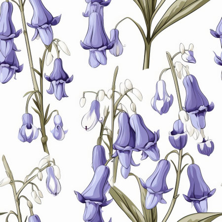 bluebells, scattered across a solid white background, showcase their vibrant multiple colors, ranging from soft pastel hues to rich jewel tones, in a beautiful retro-inspired still life, with each delicate flower carefully positioned to avoid touching, creating a visually striking and harmonious composition. ai generatedの素材