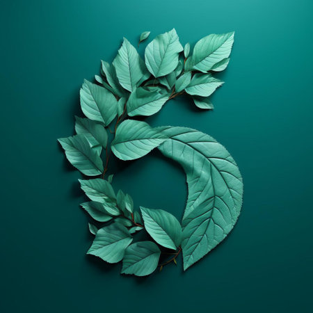 the number sixty-five, crafted from intricately arranged autumn leaves, stands out against a vibrant teal background, evoking a sense of natural elegance and whimsy, perfect for nature-inspired designs, autumnal themes, and unique typography concepts. ai generatedの素材