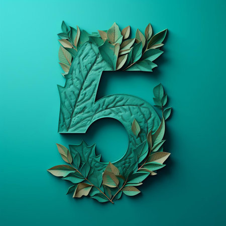 the number sixty-five, crafted from intricately arranged autumn leaves, stands out against a vibrant teal background, evoking a sense of natural elegance and sophistication, perfect for nature-inspired designs, typography, and modern art enthusiasts. ai generatedの素材
