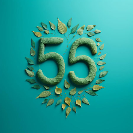 the numeral five-hundred-eighty, crafted from intricately arranged leaves, stands out against a vibrant teal background, showcasing a stunning display of nature-inspired artistry, blending organic elements with numerical precision, perfect for nature lovers, art enthusiasts, and those who appreciate unique visual representations of numbers. ai generatedの素材