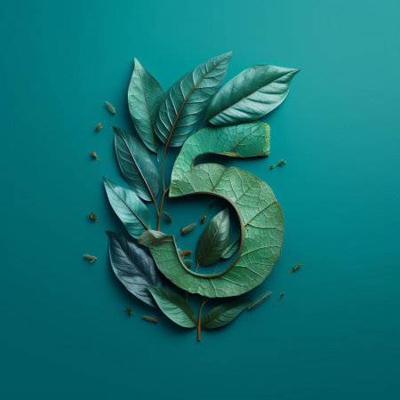 the number 580, meticulously crafted from a delicate arrangement of autumn leaves, stands out against a vibrant teal background, evoking a sense of natural elegance and whimsy, perfect for nature-inspired art enthusiasts and design lovers of organic, earthy aesthetics. ai generatedの素材