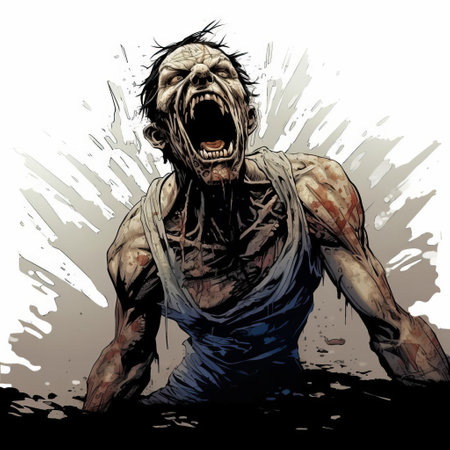 a grotesque zombie man, inspired by frank miller's comic book style, stands screaming in terror, his undead body ravaged by decay, with hard shadows accentuating his gruesome features, evoking a sense of dread and foreboding in this haunting horror image. ai generatedの素材