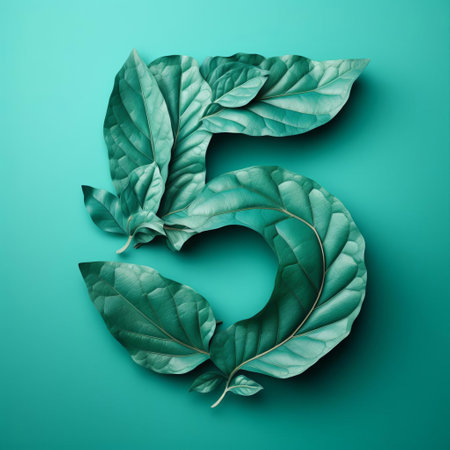 the number sixty-five, crafted from intricately arranged leaves, stands out against a vibrant teal background, evoking a sense of autumnal elegance and natural sophistication, perfect for nature-inspired designs, botanical art, and eco-friendly visual projects. ai generatedの素材