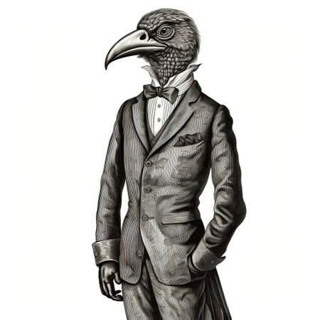 this elegant antique woodcut engraving features a charming bird, dressed in a suit, standing proudly against a crisp white background, showcasing intricate details and textures, evoking a sense of vintage charm and sophistication, perfect for nature, art, and history enthusiasts. ai generatedの素材