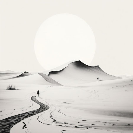 this desert painting, rendered in striking black and white hues, showcases a solitary figure lost in thought, evoking a sense of melancholy and isolation, as if the vast, arid landscape has swallowed all emotions, leaving only triste contemplation, captured with bold, expressive one-line drawings. ai generatedの素材