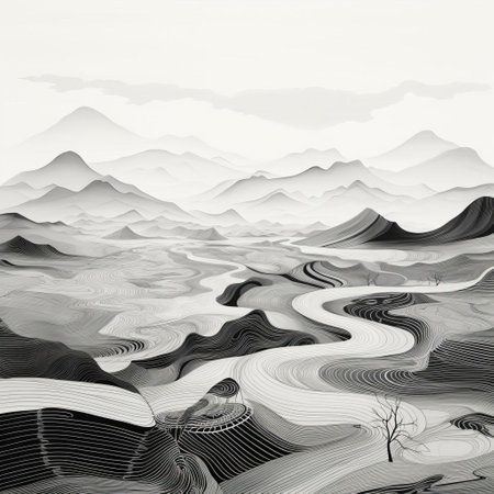 the valley painting, a somber and evocative piece, is rendered in striking black and white hues, with a single, expressive line drawing that masterfully conveys a sense of melancholy and contemplation, inviting the viewer to immerse themselves in its haunting beauty, reminiscent of abstract expressionism and minimalist art. ai generatedの素材