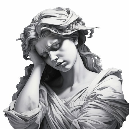 the classical art piece, rendered in striking black and white, showcases a masterful one-line drawing technique, evoking a sense of melancholy and introspection, reminiscent of ancient greek and roman art, with its intricate lines and subtle shading, perfect for art enthusiasts and collectors of vintage illustrations. ai generatedの素材