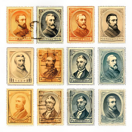 this vintage stamp array, featuring a beautiful color line engraving, is isolated on a white background, showcasing a unique and intricate design that highlights the art of traditional printmaking, perfect for collectors and enthusiasts of antique postal stamps and philately. ai generatedの素材