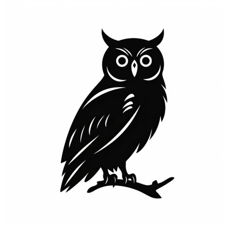 the owl, a majestic nocturnal bird, is beautifully depicted in a stunning black silhouette illustration, set against a crisp white background, showcasing its realistic features in a flat, logo-style design, perfect for clipart and vector graphics. ai generatedの素材