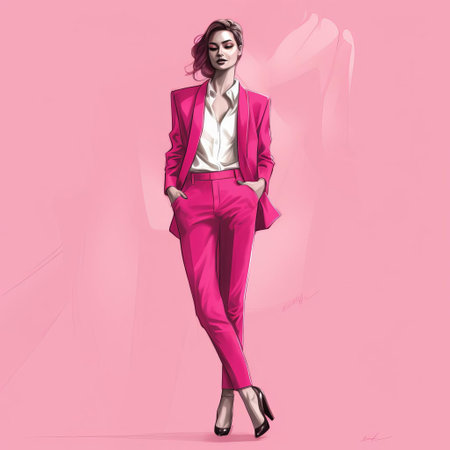 the blazer female stands confidently against a vibrant pink background, showcasing her stylish attire in a bright pink hand-sketched style, capturing the essence of femininity and sophistication in this full-body portrait, perfect for fashion enthusiasts and art lovers alike. ai generatedの素材