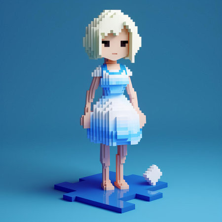 alice, a charming 3d cartoon character, stands out against a pristine white background, clad in a cozy nightgown, her short hair styled perfectly, showcasing a playful and endearing full-body pose, reminiscent of 8-bit pixel art from classic video games. ai generatedの素材
