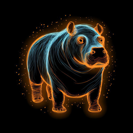 a majestic hippopotamus, radiating an aura of intensity, is set against a dramatic black background, as a vibrant orange patronus-inspired glowing blue line outlines its angry features, evoking a sense of magical protection, reminiscent of the wizarding world of harry potter. ai generatedの素材