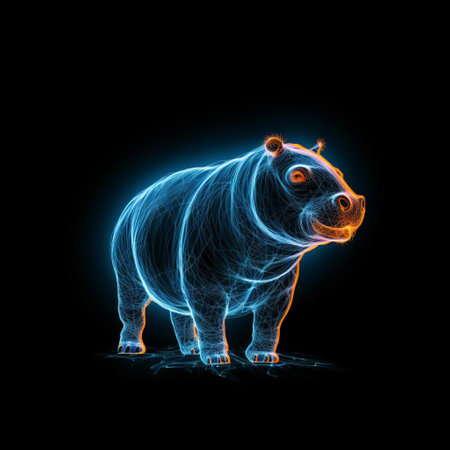 a majestic hippopotamus, radiating an aura of intensity, is set against a mysterious black background, its shiny skin illuminated by a striking orange glowing blue line, reminiscent of a patronus from the wizarding world of harry potter, evoking a sense of magic and wonder. ai generatedの素材