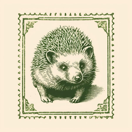 this vintage-inspired hedgehog stamp, rendered in green ink with intricate line engraving, sits isolated on a pristine white background, evoking a sense of nostalgia and classic charm, perfect for collectors of rare postage stamps, philatelists, and enthusiasts of antique print art. ai generatedの素材