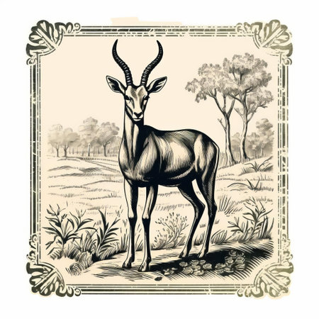 the gazelle stamp, beautifully crafted with intricate line engraving, sits isolated on a pristine white background, its vintage charm enhanced by the elegant green ink, evoking a sense of nostalgia and classic elegance, perfect for collectors and philatelists alike, showcasing the art of traditional stamp design. ai generatedの素材