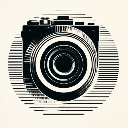 this retro-inspired camera lens stencil, reminiscent of shigeo fukuda's iconic style, is set against a backdrop of 70s geometrical shapes, blending nostalgic flair with modern risography printing techniques, creating a visually striking and thought-provoking art piece that celebrates the intersection of art and technology. ai generatedの素材