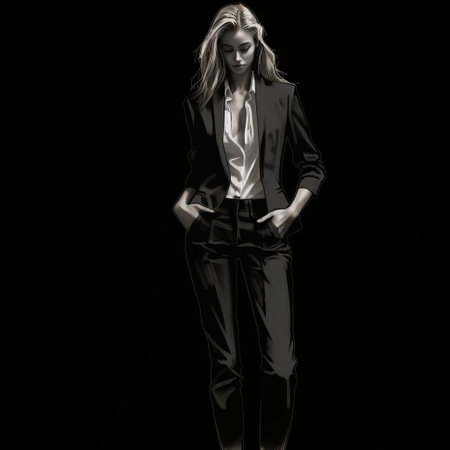 the blazer female, set against a dramatic black background, is beautifully captured in a stunning hand sketch, showcasing her elegant full-body pose, exuding sophistication and poise, with bold black lines and subtle shading, highlighting her refined features and slender physique. ai generatedの素材