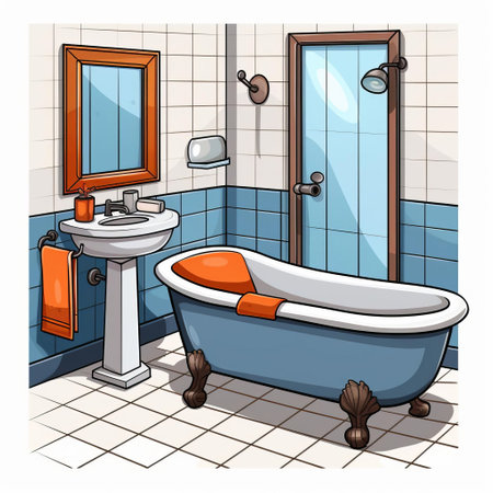 the bathroom, set against a crisp white background, is brought to life in this vibrant vector cartoon illustration, featuring a sink, toilet, shower, and bathtub, perfect for interior design, home decor, and architecture visualizations, highlighting cleanliness and modernity. ai generatedの素材
