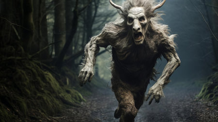 the wendigo, a terrifying creature from native american folklore, is captured in this ultra-realistic photo, its menacing eyes fixed on the camera as it charges forward with an unsettling intensity, evoking a sense of fear and dread in the viewer, perfect for horror fans and enthusiasts of the paranormal. ai generatedの素材