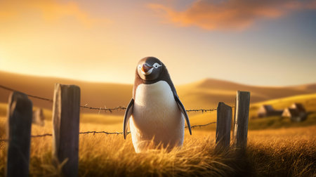 adelie penguin perches proudly on a rustic farm fence post, surrounded by a vibrant landscape of lush green cornfields, exuding joy and warmth as it smiles brightly for the camera, captured in a stunning warm-toned photograph that embodies the essence of rural charm and wildlife wonder. ai generatedの素材