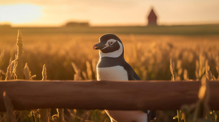 the adelie penguin perches triumphantly on a rustic fence post at a picturesque farm, surrounded by a vibrant landscape of lush green cornfields, its bright eyes and cheerful demeanor radiating joy and warmth, captured in a stunning warm-toned photograph. ai generatedの素材