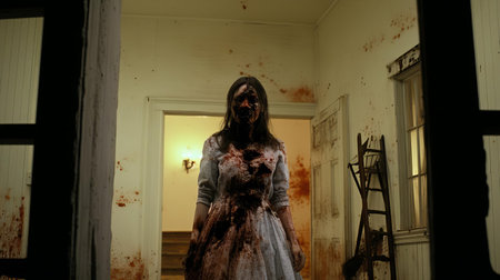 the abandoned asylum scene from an amateur horror movie, shot on mp4 in 2006, showcases a dimly lit corridor with flickering fluorescent lights, eerie shadows, and a sense of foreboding, despite its poor video quality, evoking a nostalgic feel for low-budget horror films of the early 2000s. ai generatedの素材