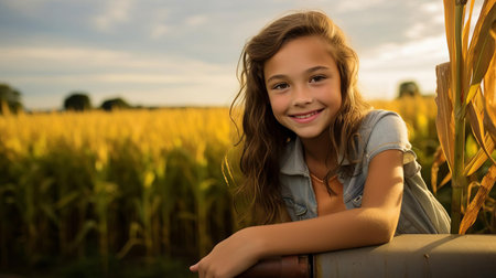 the cow, majestically sitting on top of a rustic fence post at a picturesque farm, beams with joy as it gazes into the camera, surrounded by a lush and vibrant field of golden corn, capturing the essence of rural serenity in warm, sun-kissed tones. ai generatedの素材