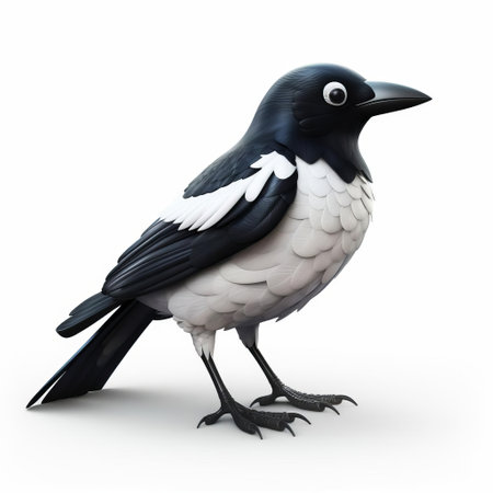 the magpie, a sleek and mysterious bird, is beautifully depicted in this 3d render, showcasing its full body in vibrant plastic cartoon form against a crisp white background, highlighting its distinctive black and white feathers, perfect for nature enthusiasts and graphic designers alike. ai generatedの素材