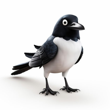 the magpie, a vibrant and curious bird, takes center stage in this stunning 3d render, showcasing its full body in intricate detail against a crisp white background, highlighting its sleek black and white feathers, while its bright, inquisitive eyes seem to sparkle with mischief, evoking a sense of whimsy and wonder. ai generatedの素材
