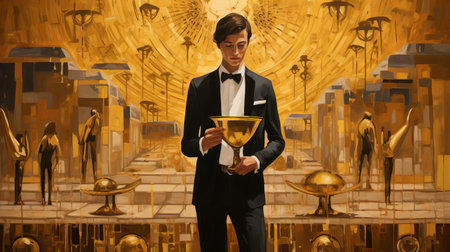 the pharaoh, resplendent in detailed gold colours, takes centre stage in this stunning egypt-inspired painting, reminiscent of harry styles, rendered in a captivating impressionist style, with dull gold hues evoking a sense of ancient luxury and mystique, transporting viewers to a bygone era of opulence and grandeur. ai generatedの素材