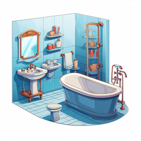 the bathroom, set against a crisp white background, is beautifully depicted in a vibrant vector cartoon illustration, showcasing a modern sink, toilet, shower, and bathtub, perfect for interior design, architecture, and home decor projects, highlighting cleanliness, hygiene, and relaxation. ai generatedの素材