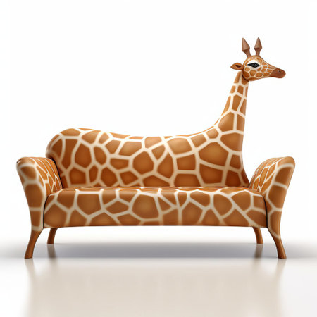the giraffe-inspired 3d sofa sits proudly on a white isolated background, showcasing its unique and quirky design, perfect for adding a touch of whimsy to any modern living room or office space, blending functionality with playful animal-inspired furniture trends. ai generatedの素材