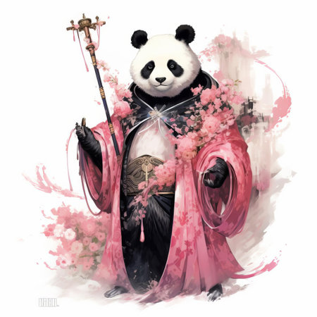 the panda, inspired by the magical world of the last unicorn, stands majestically in a full-body pose on a pristine white isolated background, evoking a sense of wonder and fantasy, perfect for fans of mythical creatures, chinese wildlife, and whimsical art. ai generatedの素材