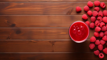 raspberry juice, freshly squeezed and vibrant in color, sits atop a rustic wooden table, its glass container surrounded by a few fresh raspberries, evoking a sense of summer refreshment and healthy living, perfect for a warm day or a revitalizing breakfast drink. ai generatedの素材